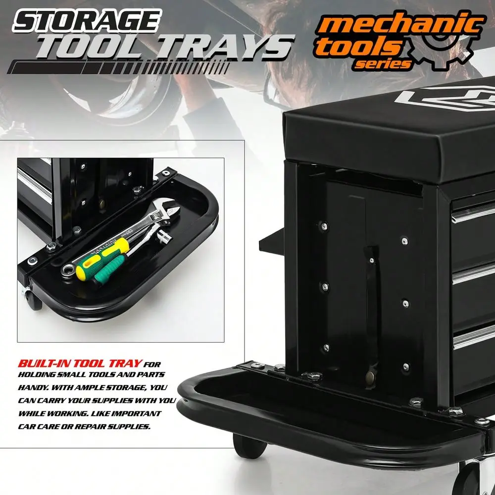

Stool With 3Drawer Tool Box, Padded Mechanic Stool Creeper Seat With Foldable Tool Tray, 350 Lbs Capacity Garage Workshop Stool