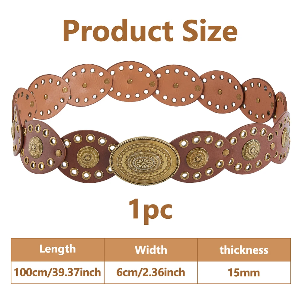 1M Women's Boho Disc Belt Vintage Boho Waist Belt 6cm Wide Cowgirl Belts Wide Western Leather Belts Tan Disc Punk Waistband