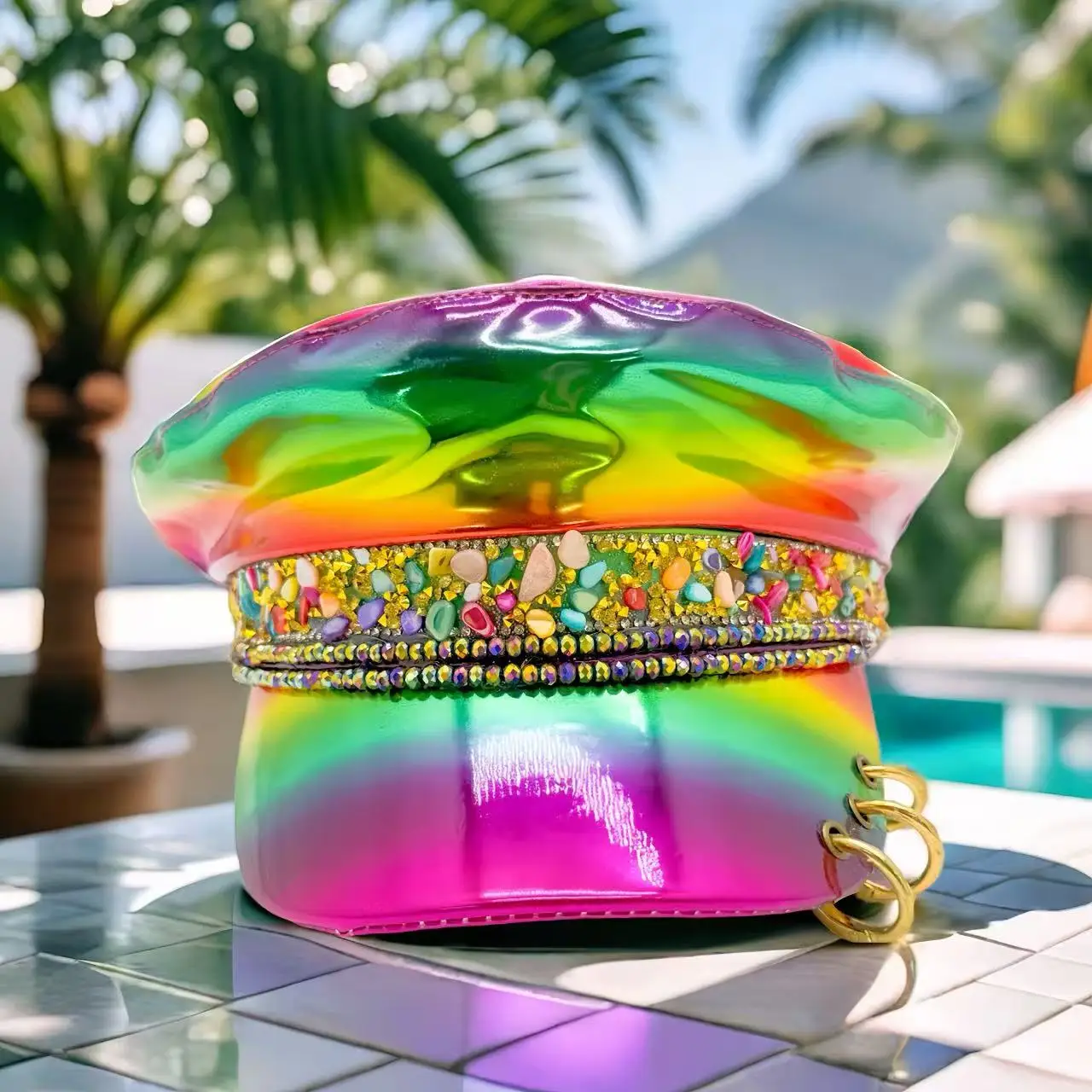 HongLuan  Laser Leather Captain Hat Rhinestone & Military Caps for Woman, Rave Festivals Accessories ＆ Party Cap Man Cosplay Fem