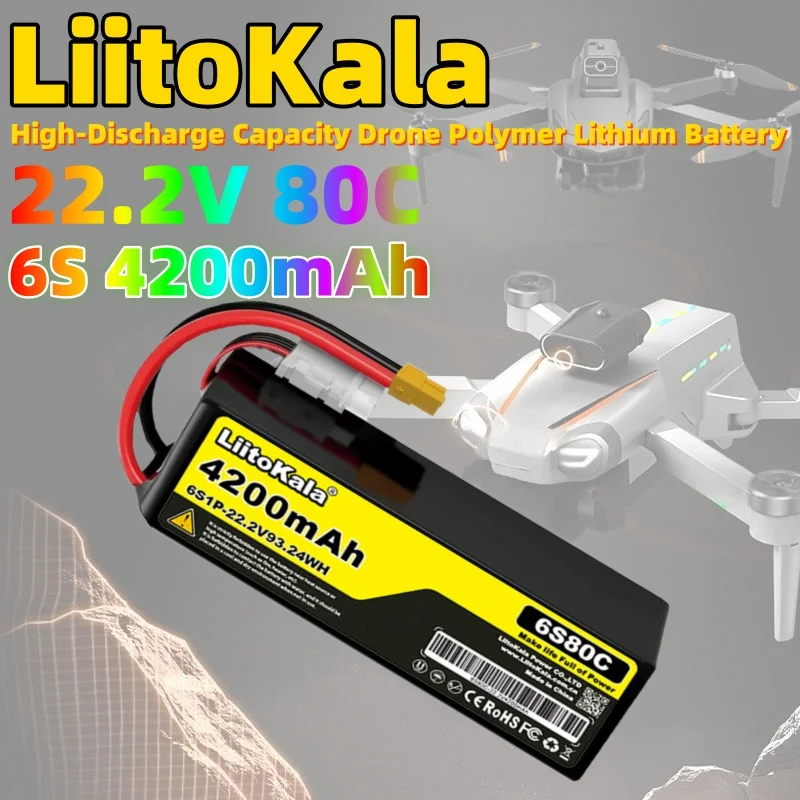 

LiitoKala 22.2V 4200mAh 6S Drone Lithium Polymer Battery 80C Discharge Suitable for Helicopter Model Aircraft High-Rate Discharg