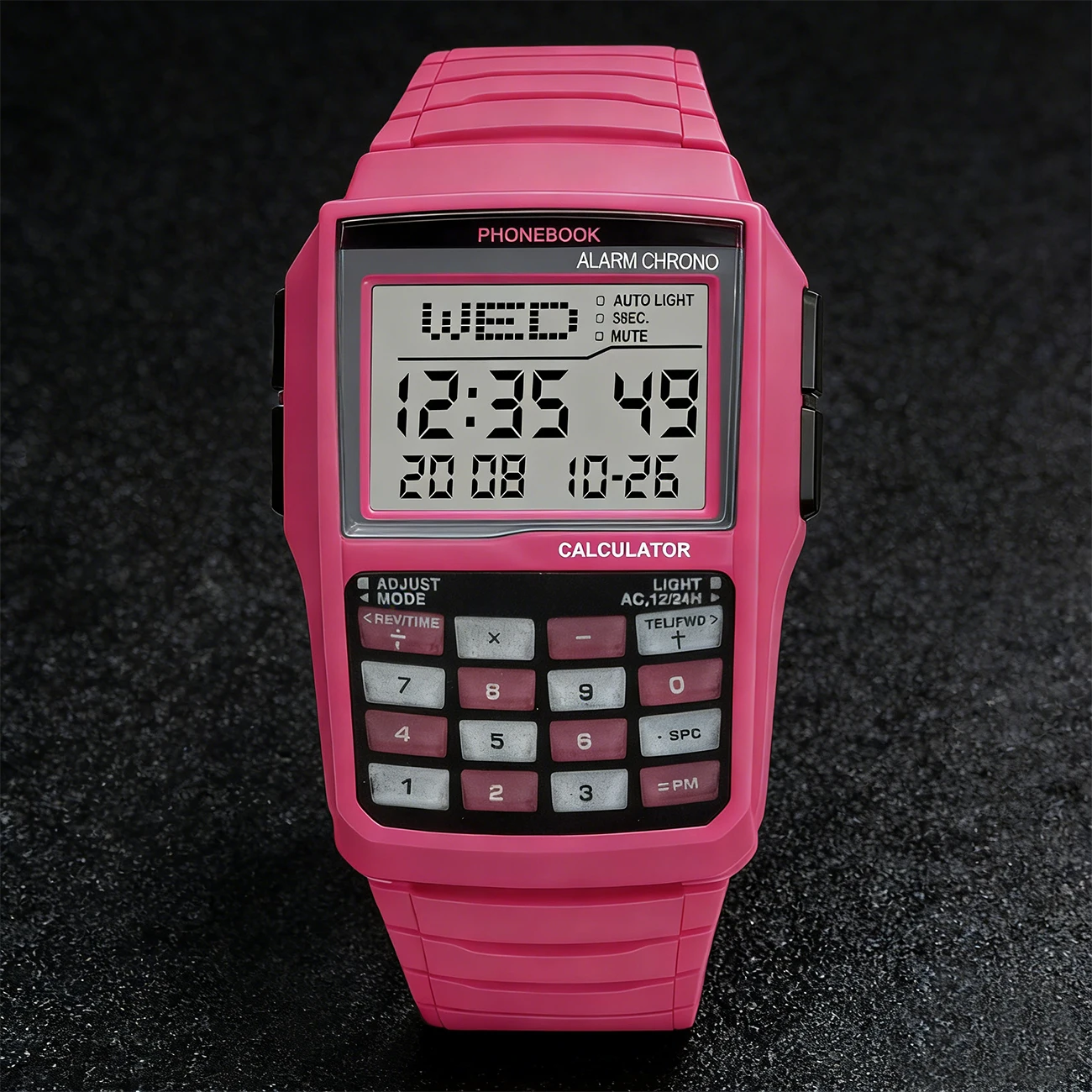 Square Retro Student Calculator Watch Multi Functional LED Night Light Electronic Digital Watch Computer Style Pink