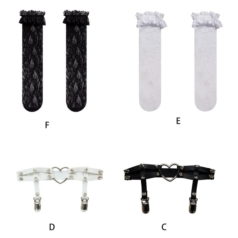 Lace Ruffle Frilly Long Tube Socks Women Stocking Gothic Studded Heart Garters Leg Ring Elastic Punk Harness Garter