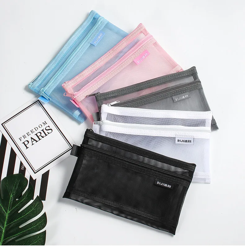 Transparent Nylon Mesh Pencil Bag Large Pencil Case Double-layer Stationery Bag Minimalist Student Exam Storage Bag Makeup Pouch