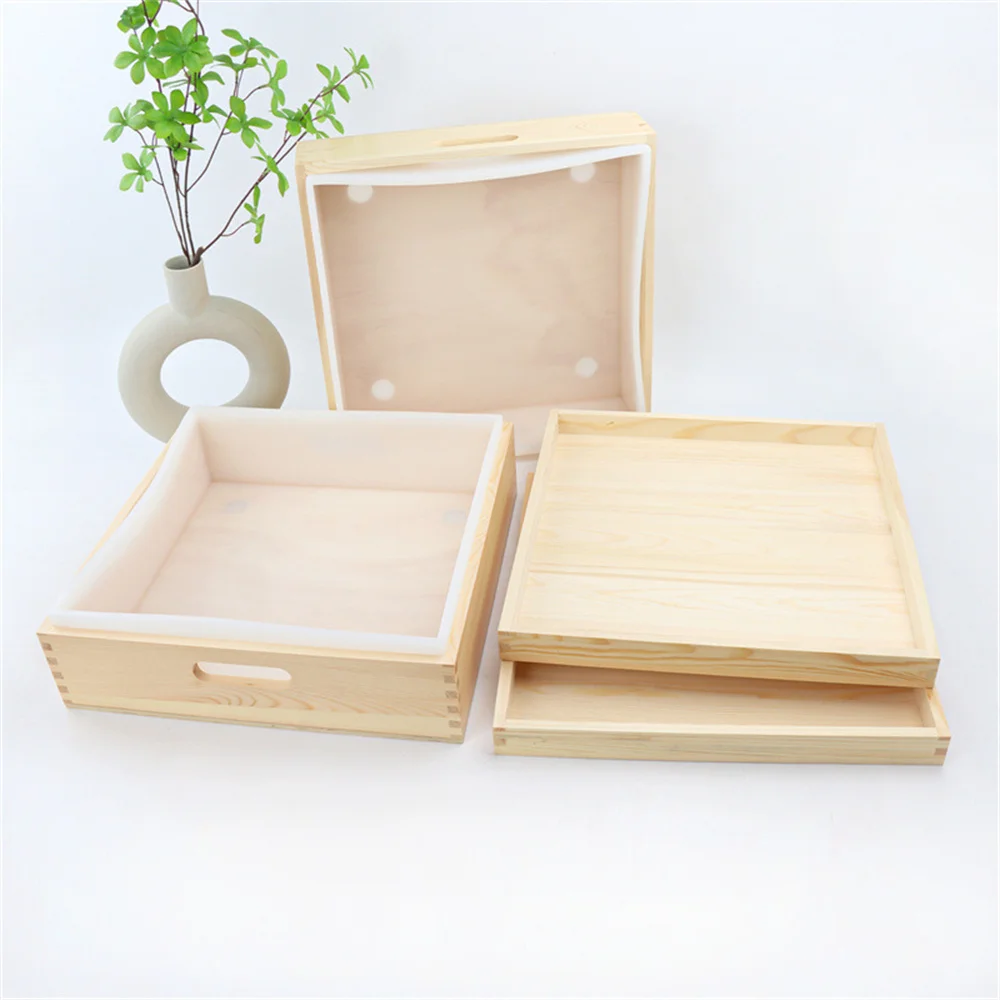 قوالب صابون كبيرة قالب بطانة سيليكون مستطيل مع صندوق خشبي وغطاء أدوات صنع الصابون اليدوية #6