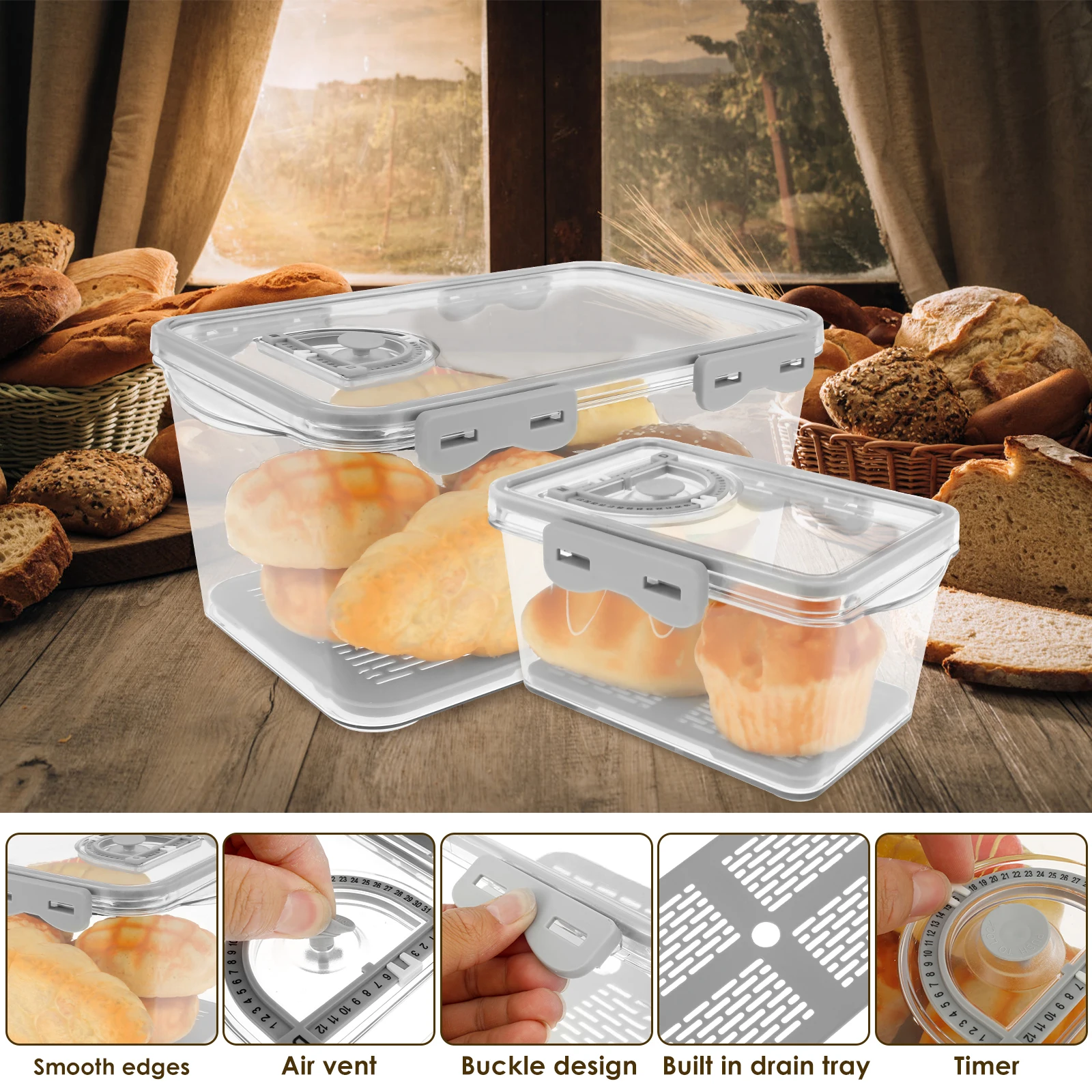 1/2Pcs Bread Box L/S Rectangular Bread Storage Boxes with Time Recording Clear Loaf Bread Container Airtight Bread Keeper Box