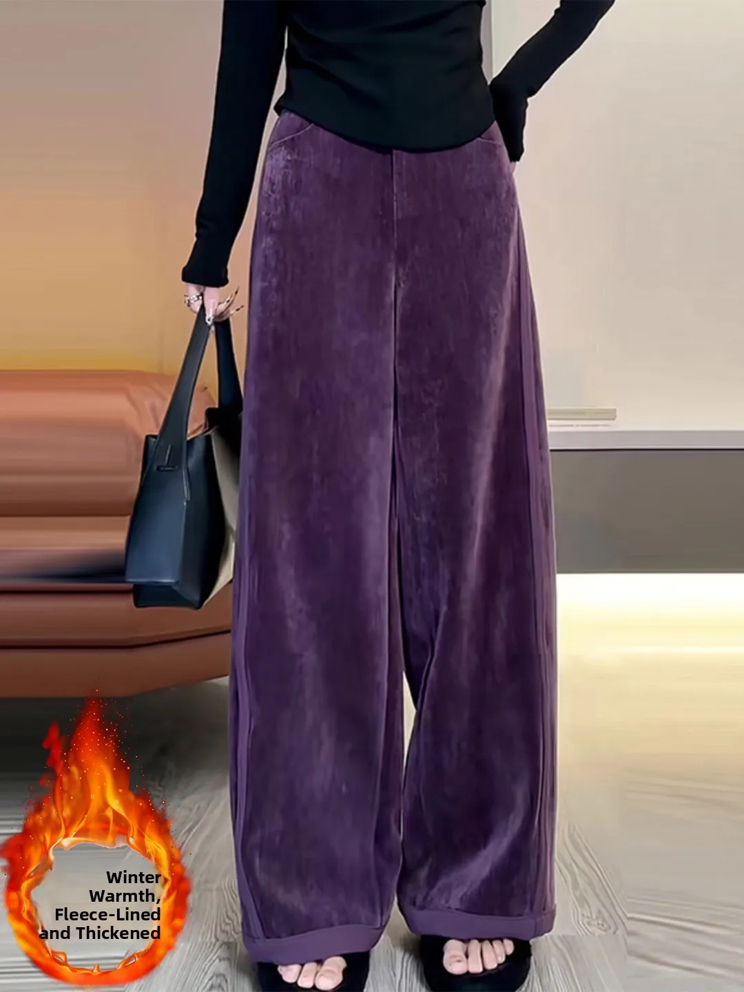 

Модные фиолетовые вельветовые брюки с флисовой подкладкой, широкие, женские, осенне-зимние, свободные, повседневные, с высокой талией, прямые
