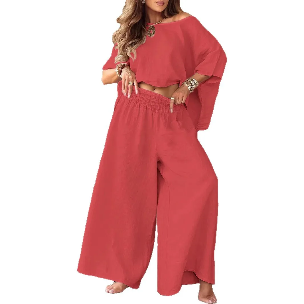 2025 cor sólida casual solto em torno do pescoço fora do ombro verão terno feminino festival outfit
