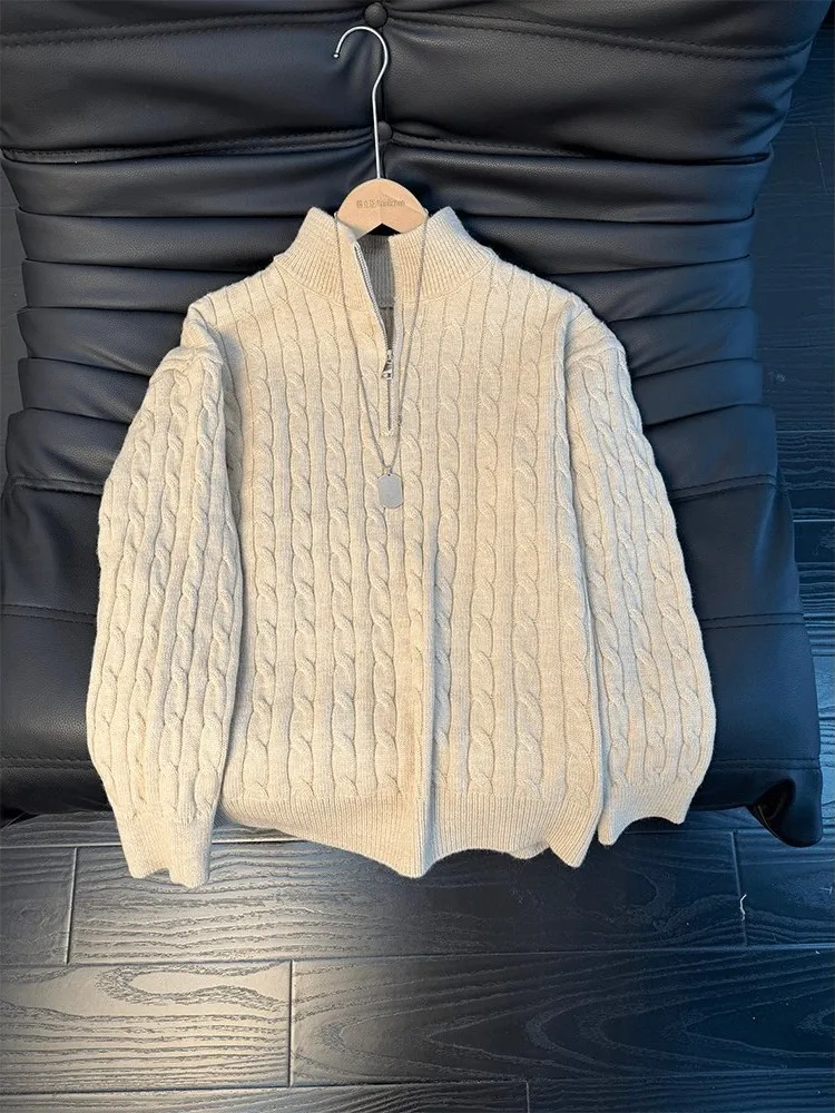 

Мужской вязаный свитер на молнии с высоким воротом, зимний, повседневный, для ношения под одеждой, с узором «косичка», комфортный, мягкий, из смесового полиэстера