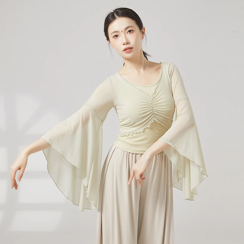 Classical Dance Top Women Flared Sleeve Shirt Spliced Mesh Training Performance Competition Costume Flowy Chinese Folk Dancewear