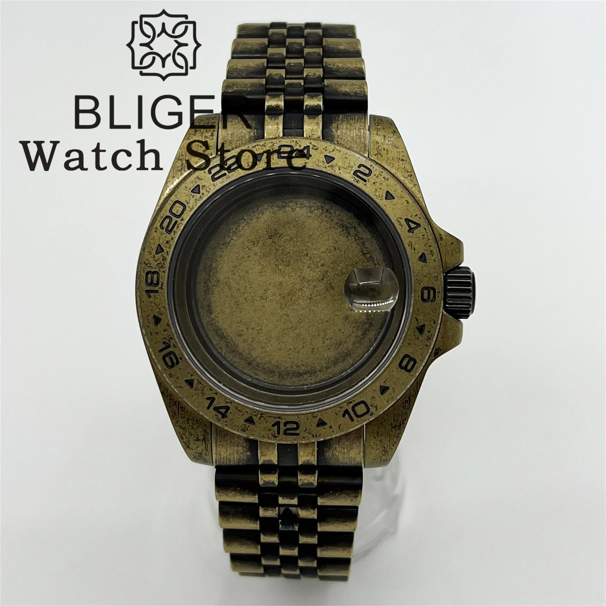 BLIGER 40mm Bronze Retro Watch Case Fixed GMT bezel Sapphire Crystal Fit NH34 NH35 NH36 NH38 ETA2824 PT5000 Movement Screw Crown
