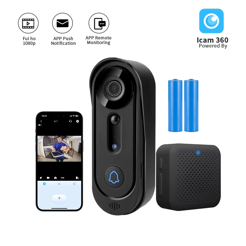 Smart Home Security Doorbell with WiFi Connection IP65 Waterproof  Two-Way Audio Communication Outdoor Wireless WiFi Doorbell