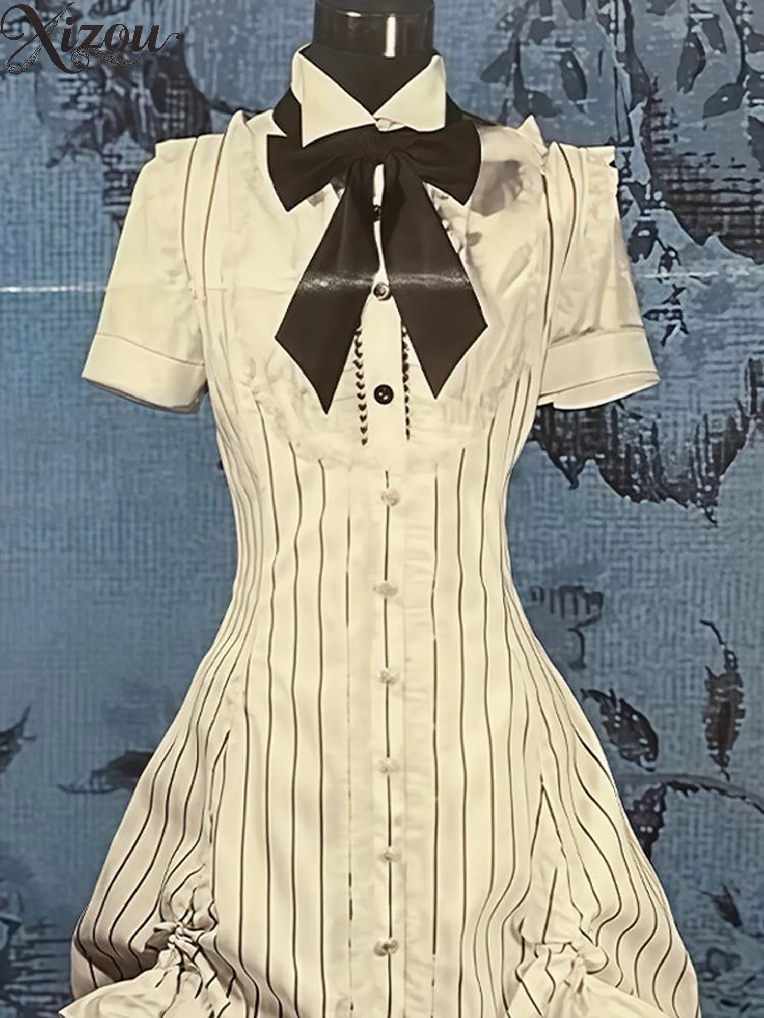 Vintage Mass‑Produced Gothic Lolita Dress Stripe Print Bow Tie Drawstring Ruffle Hem Short Sleeve Collared Subculture Dresses