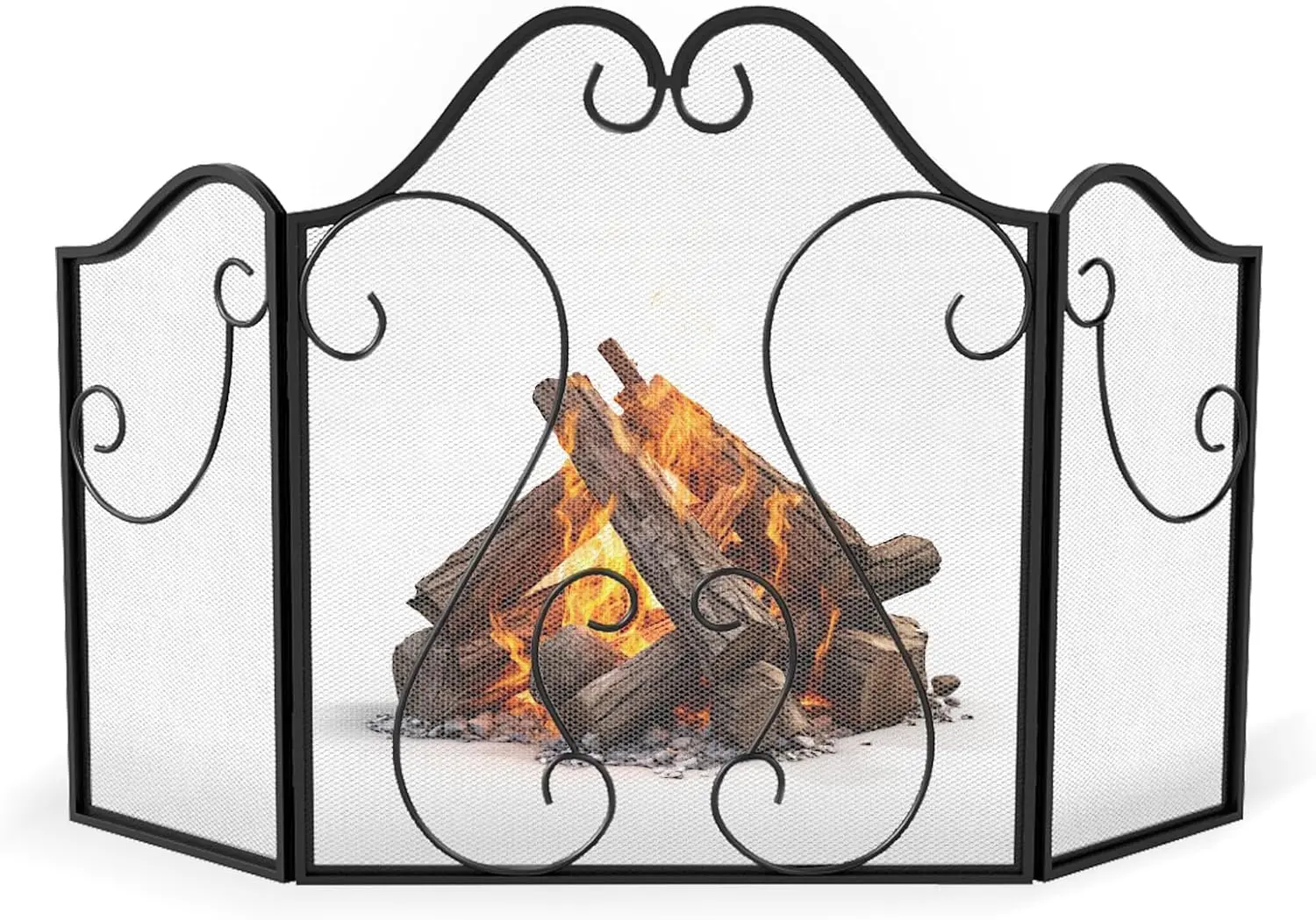 

3 Panel Fireplace Screen, Foldable Spark Guard Cover with Decorative Scroll, Freestanding Fireplace Gate, Metal Arched Furnac