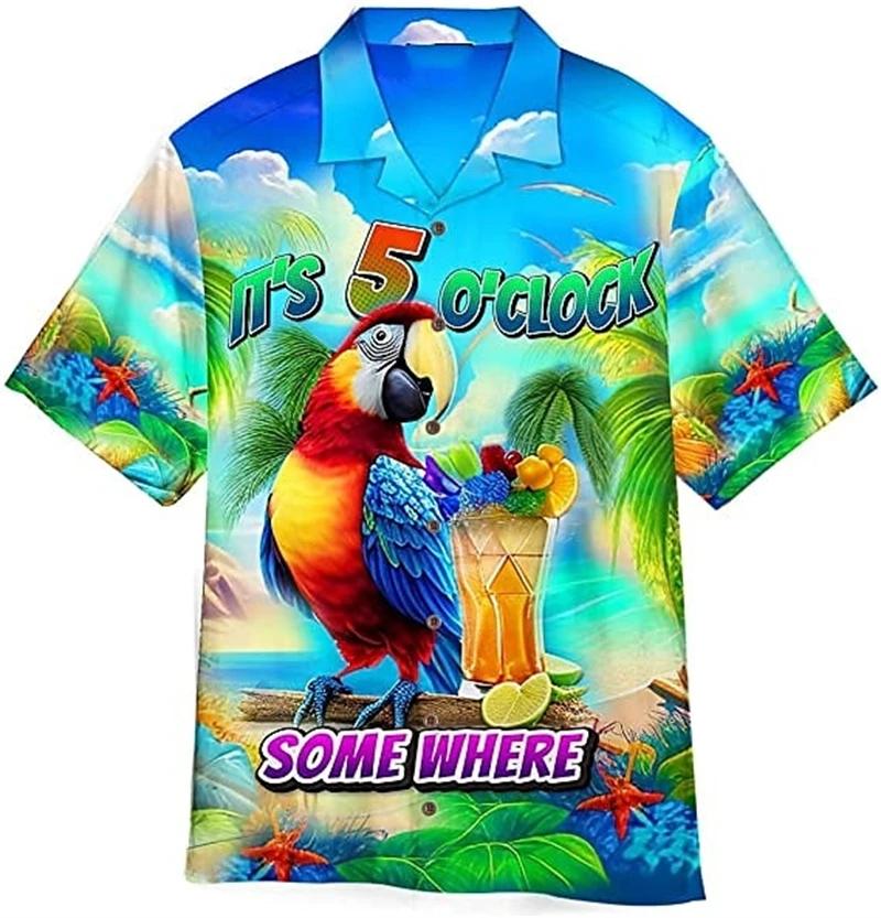 Casual Parrot Graphic Hawaiian Shirts Summer Fashion Short Sleeve 3D Printed Beach Shirt Loose Harajuku Vacation Mens Clothing