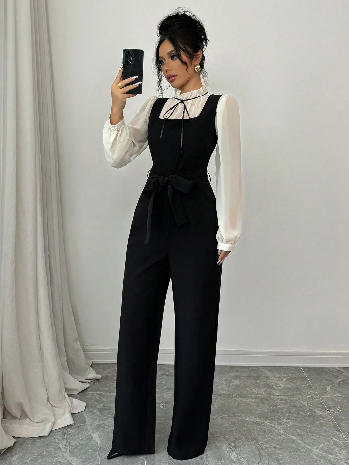 

Women's Black High-Waist Wide-Leg Overall with Sheer Blouse Set