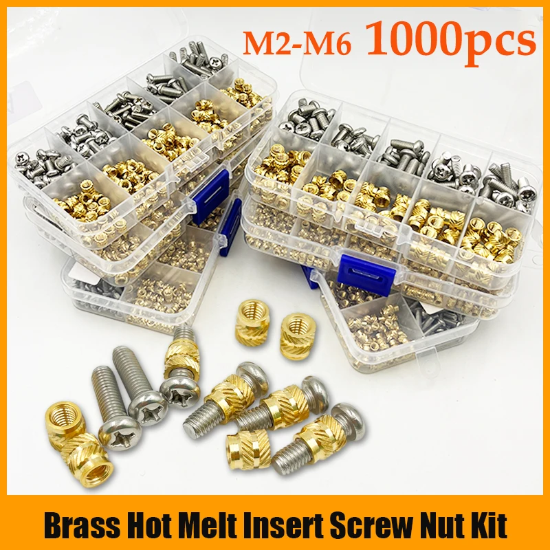 Insert M1.4 M1.6 M2 M2.5 M3 M4 M5 M6 Brass Heat Threaded Insert Nut and Stainless Steel Screw Set Knurled Hot Melt Embedded Nut