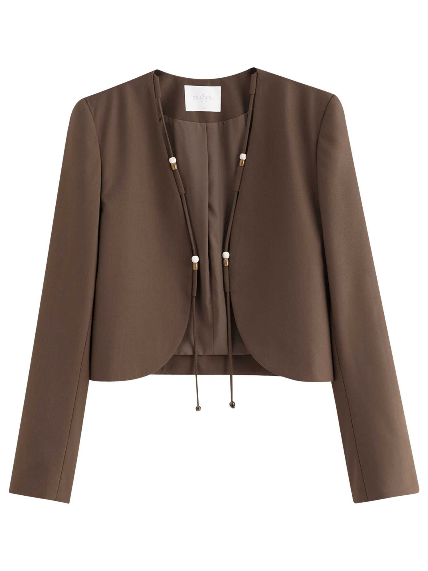 DUSHU PLUS ขนาดผู้หญิง Beaded String Design โค้ง Hem เสื้อแจ็คเก็ตสั้น 2025 คอลเลกชันฤดูใบไม้ร่วง Slimming Elegant 25DS83323