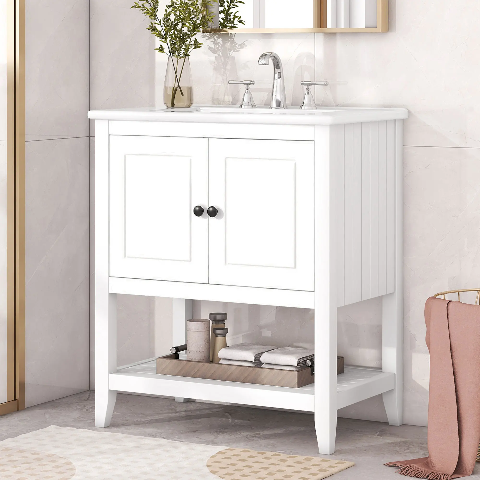 Bathroom Vanity With Cabinet In Solid Wood Frame, One Package,with Door And Two Drawers White 30