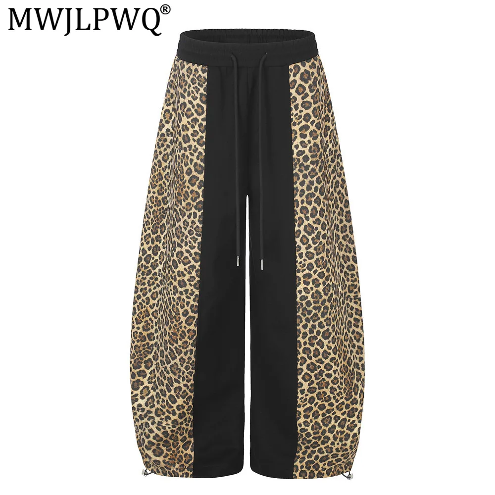 MWJLPWQ Leopard Print Patchwork Wide-Leg Curved-Cut Sweatpants Men's Trendy Streetwear American Oversized Sporty Trousers 21447