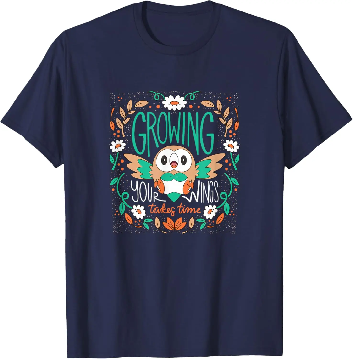 Pokemon - Rowlet Growing Your Wings Takes Time Unisex-Adults T-Shirt Black Short Sleeve S-6XL