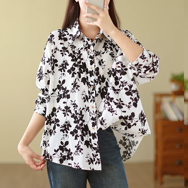 Blusa holgada de manga larga con cuello vuelto para mujer, camisa informal de algodón con estampado de una sola botonadura, novedad de primavera, S07, 2024