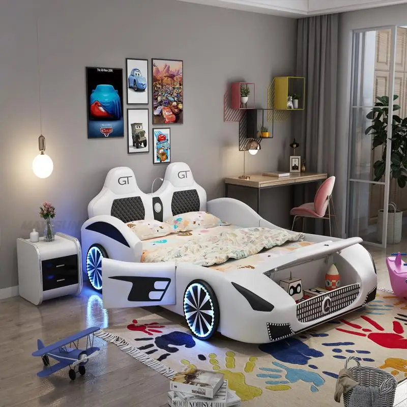 Mavisun Double Bed For Boys Kids Cartoon Simulation Car Frame Cool Blue Light Ample Sleep Area Bedroom Furniture Children Bed