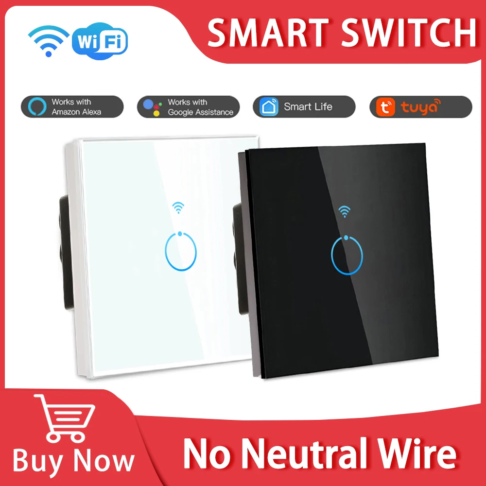 

Wifi Tuya Smart Glass Panel Touch Switch Light No Neutral Wire Voice Control Alexa Google Home App Wall Switch