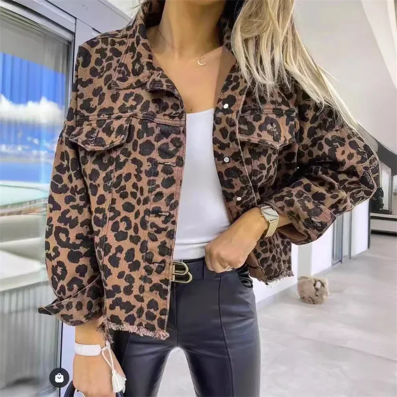 Fashion Leopard Print Tassel Hem Jacket Women Casual Outerwear Female Spring Autumn Lapel Single-breasted Cardigan Denim Coat 24