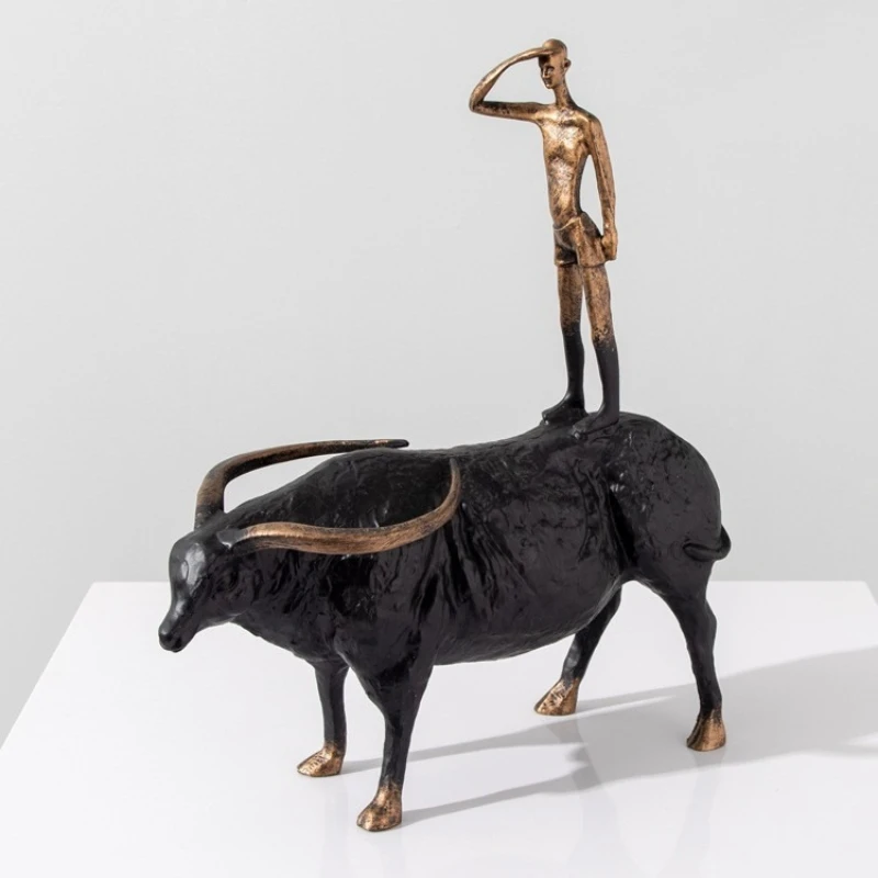 Metal Animal Ornaments Buffalo Sculpture Cattle Herder Abstract Handicrafts Golden Man Metal Figurine Home Decoration
