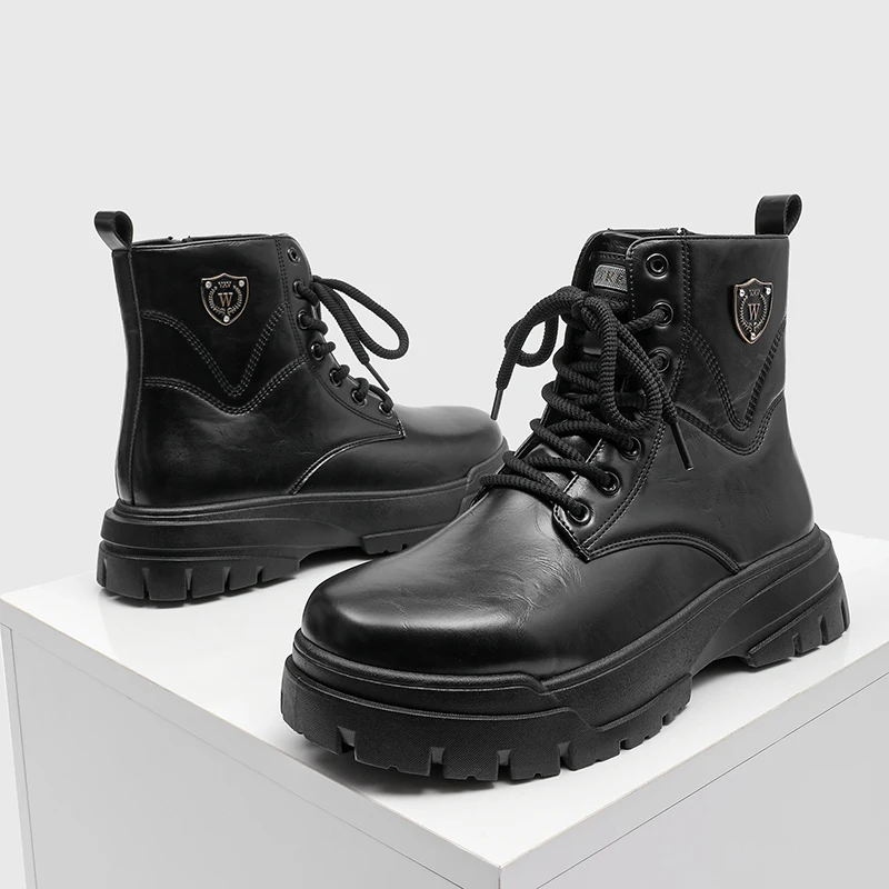 

Men's casual retro high boots, thick raspberry-colored winter boots, motorcycle boots with LACES, work shoes