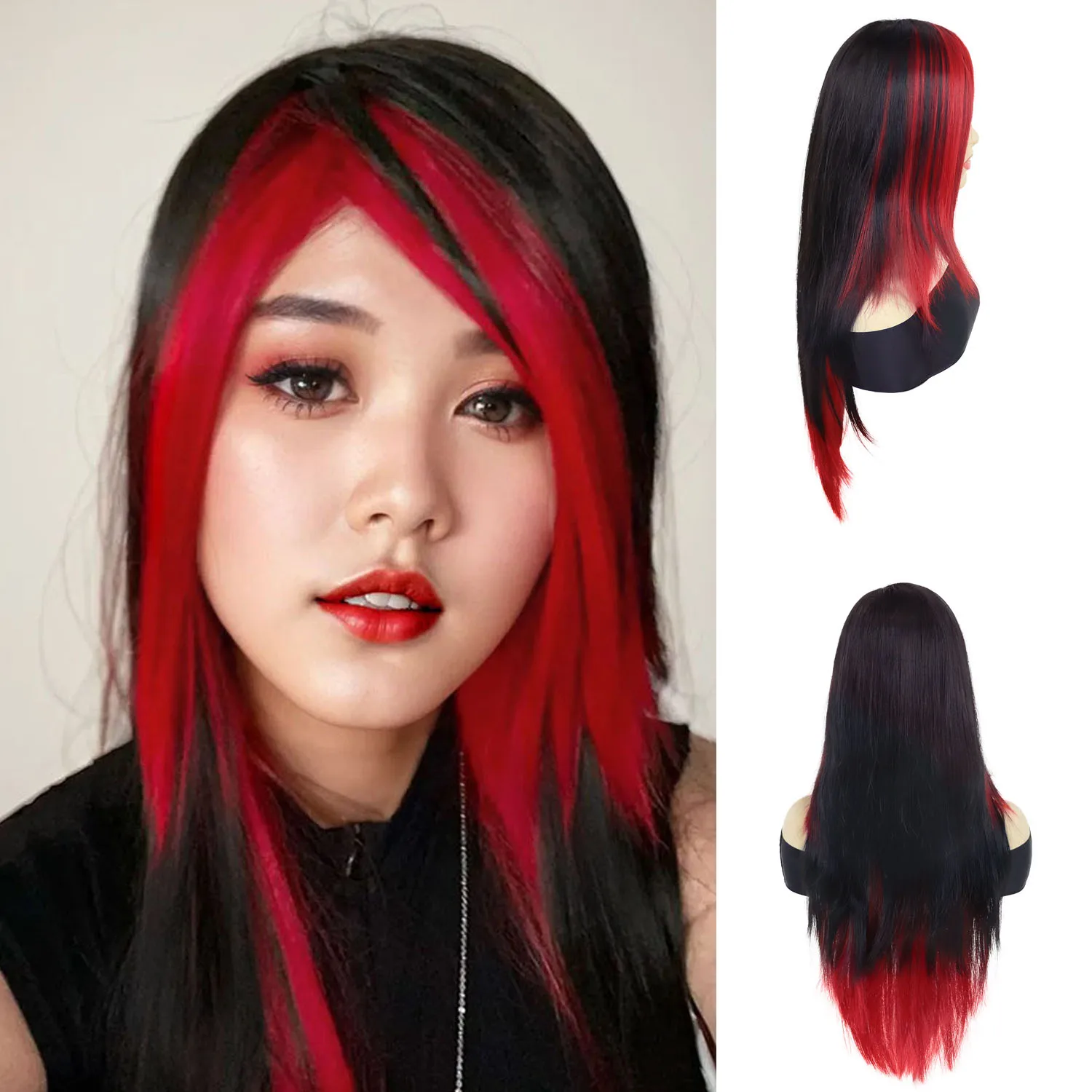 Parrucche rosse e nere per donna Parrucca sintetica lunga diritta da 30 pollici con frangia Parrucca di scena Stile gotico Miscela di due colori Festa a tema Emo