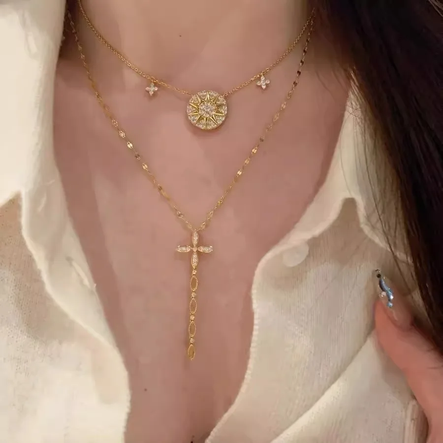 قلادة بوصلة الشمس مع قلادة صليب ونجمة سلسلة طبقات أنيقة مجوهرات بوهيمية قابلة للتكديس #3