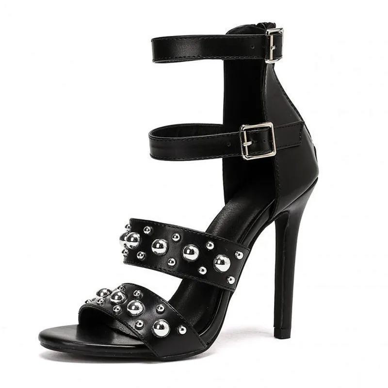 

Cool Rivet Design Black Heeled Sandals Women Punk Style Back Zipper Open Toe High Heels Fashion Party Designer Shoes for Women