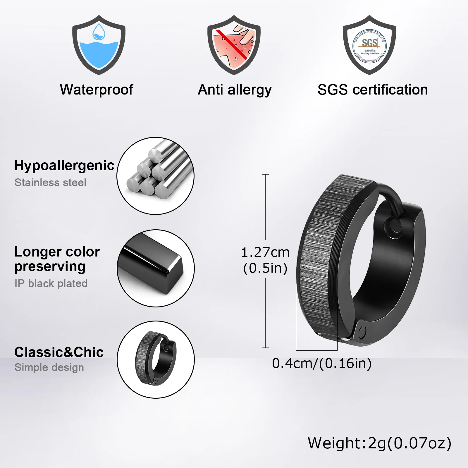 Vnox Anti Allergy Stainless Steel Hoop Earrings, Unisex Simple Metal Huggies Earrings, Brush Surface Men Ear Jewelry