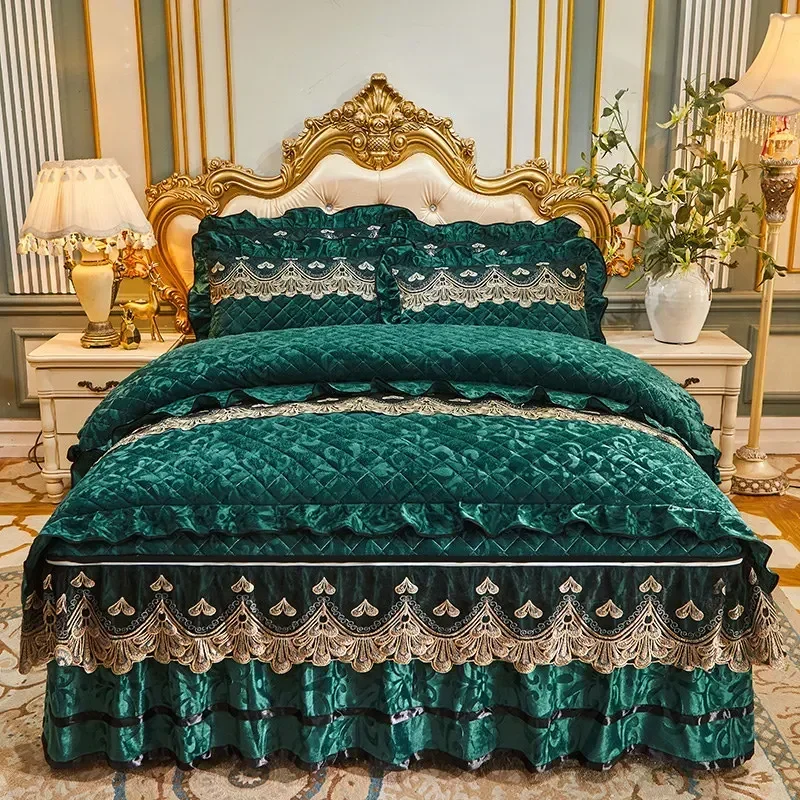 Quilted Velvet Duvet Cover Set Double Bed 220x240 King Size Embroidery Lace Luxury Quilt Cover Solid 2 Pillowcases Soft