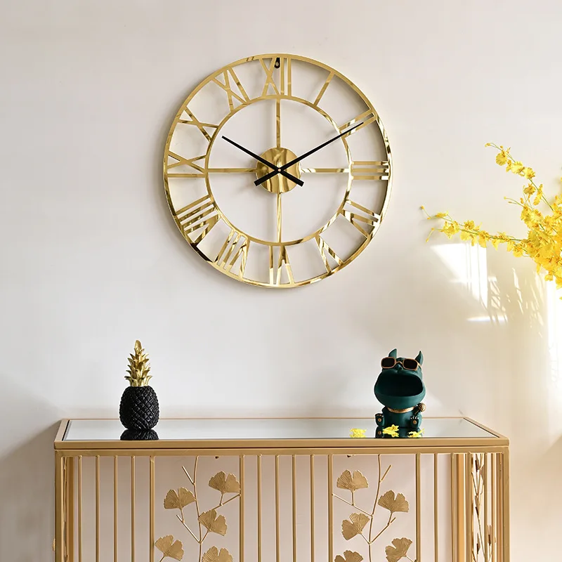 Round Hanging Wall Clock, Iron Art Light, Creative Gold Wall Watch, Quiet Decoration, Living Room, Household Fashion, New