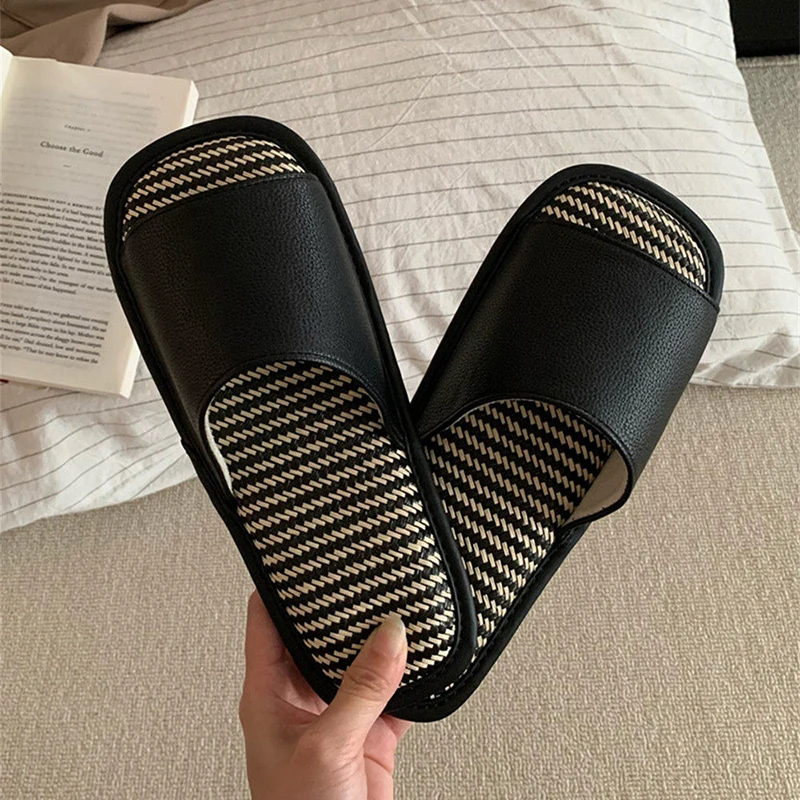 

Japanese Style Slides For Women Linen Rattan Leather Texture Anti Slip Lightweight Summer House Slippers Casual Sandals
