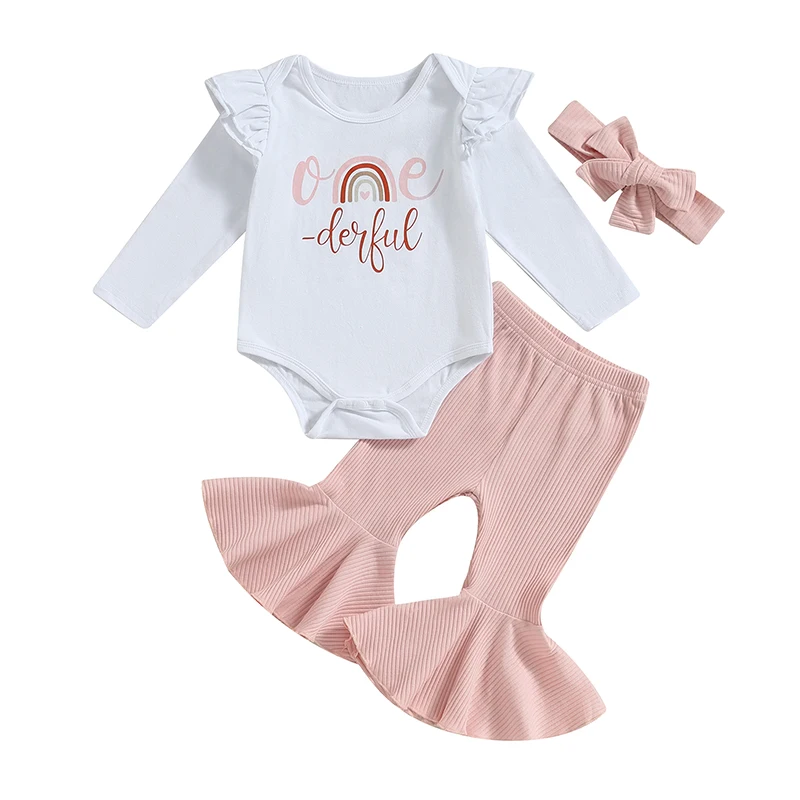 

Spring Autumn Newborn Baby Girl Birthday Outfits Rainbow Letter Print Long Sleeves Romper and Flared Pants Headband Fall Clothes