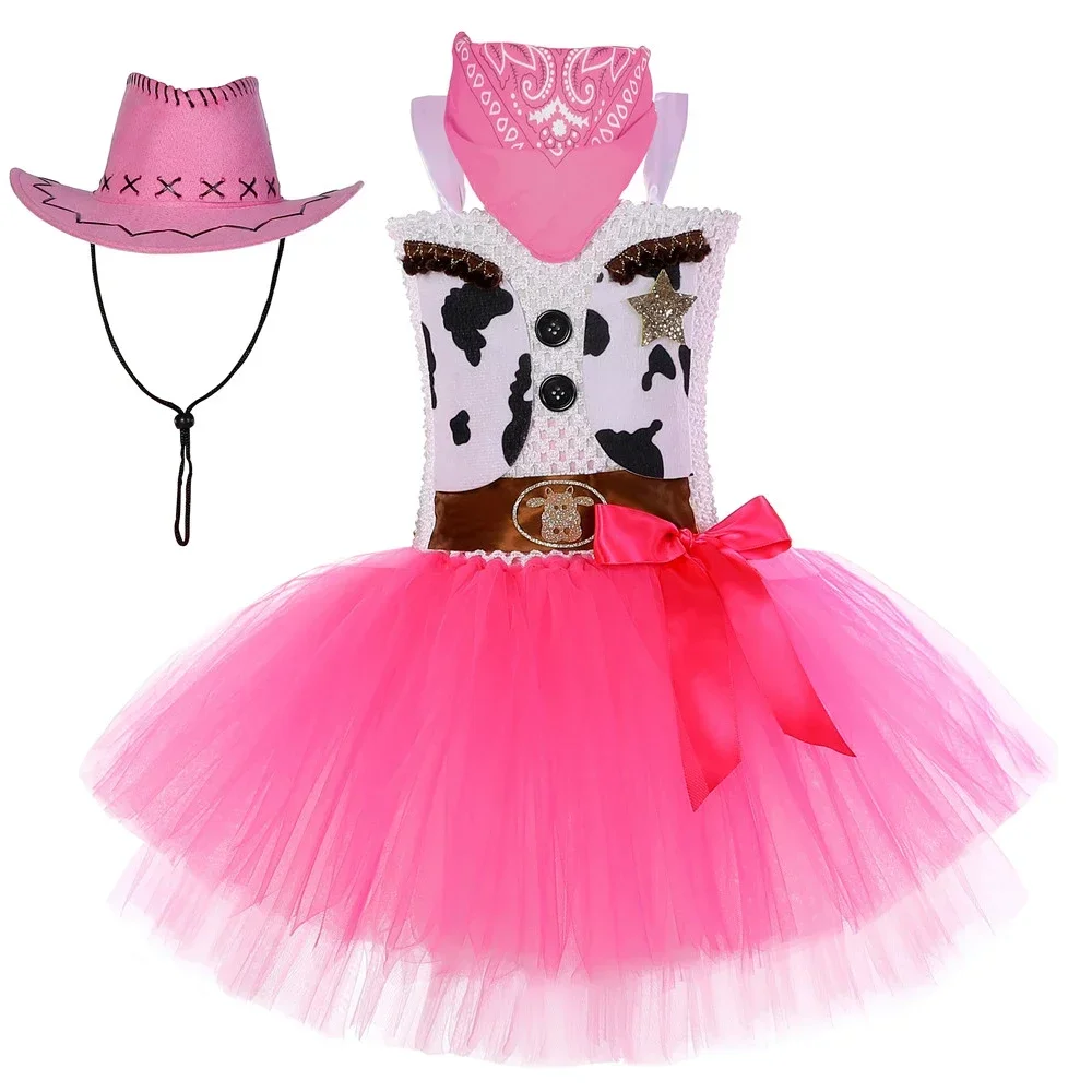2025 disfraz de Halloween de vaquera rosa para niñas, bata de princesa tutú de fiesta de cumpleaños, tenue de vaquero de vache
