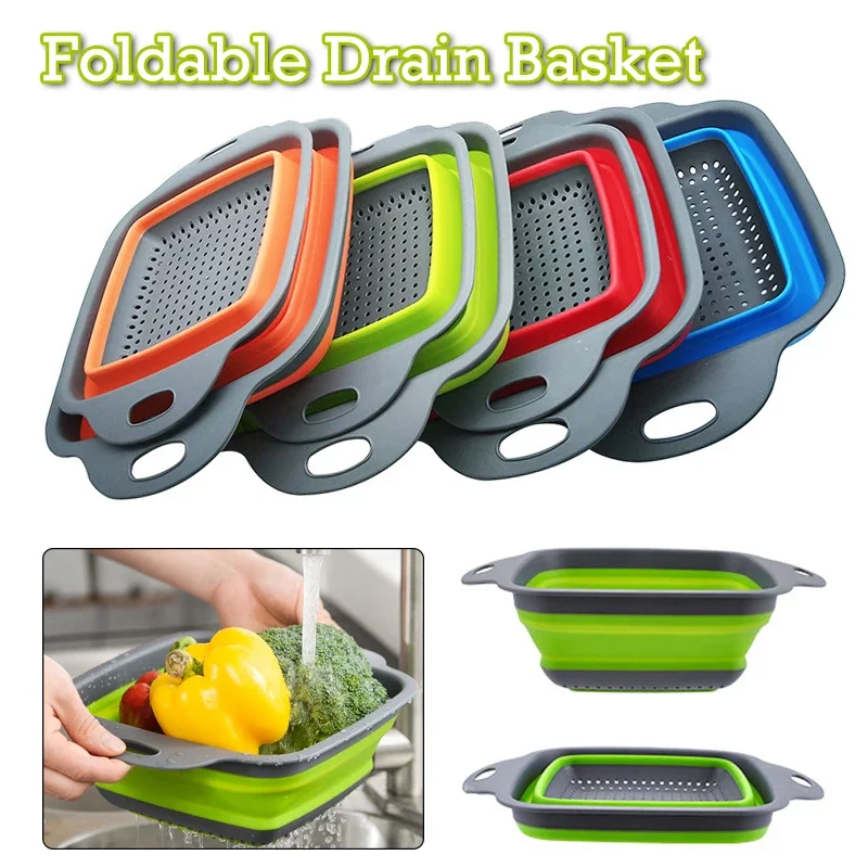 

Foldable Square Vegetable Fruit Drain Basket with Handle Food Basket Vegetable Washing Strainer Fruit Tray Kitchen Tool Sieve