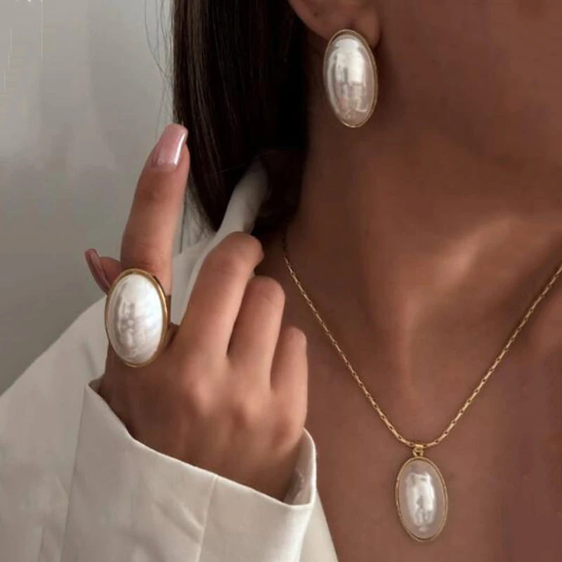 4pcs European American Fashion Elegant Elipse Pearl Necklace Ring Earrings Jewelry Set For Women French Style Romantic Gifts New