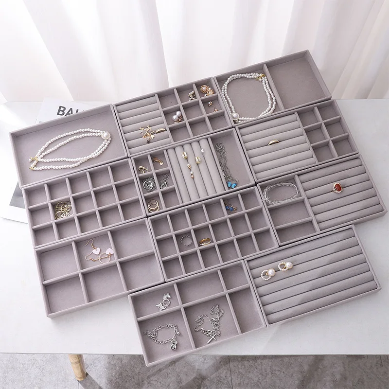 Velvet Jewelry Tray DIY Handicraft Accessoriess Torage Ring Earring Necklace Finished Product Display Box Grey Beige Organizer