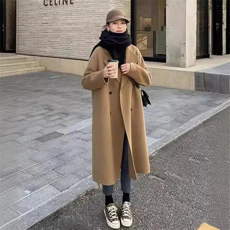

Women Woolen Coat 2025 Autumn/Winter Style Suit Collar Double-Sided Woolen Medium Long Coat Double Breasted Women's Woolen Coat