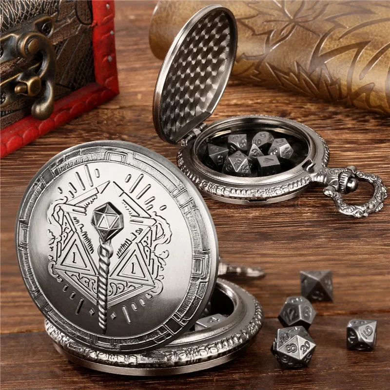 7Pcs Tiny Polyhedral Metal Dice Set for Table Role Play Gaming Dices Antique Magic Wand Pocket Watch Case with Pendant Chain
