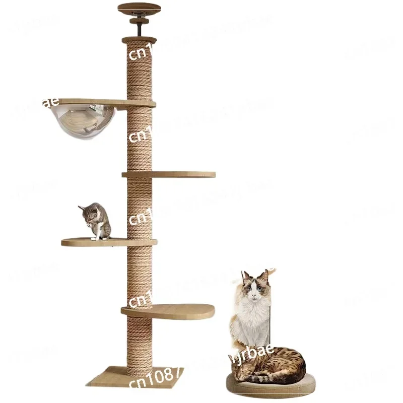 Multi-Level Ceiling Cat Tree Shelf  Wood Climbing Frame Scratching Post Sisal Pillar Grinding Paws Jumping Platform Perch Tower