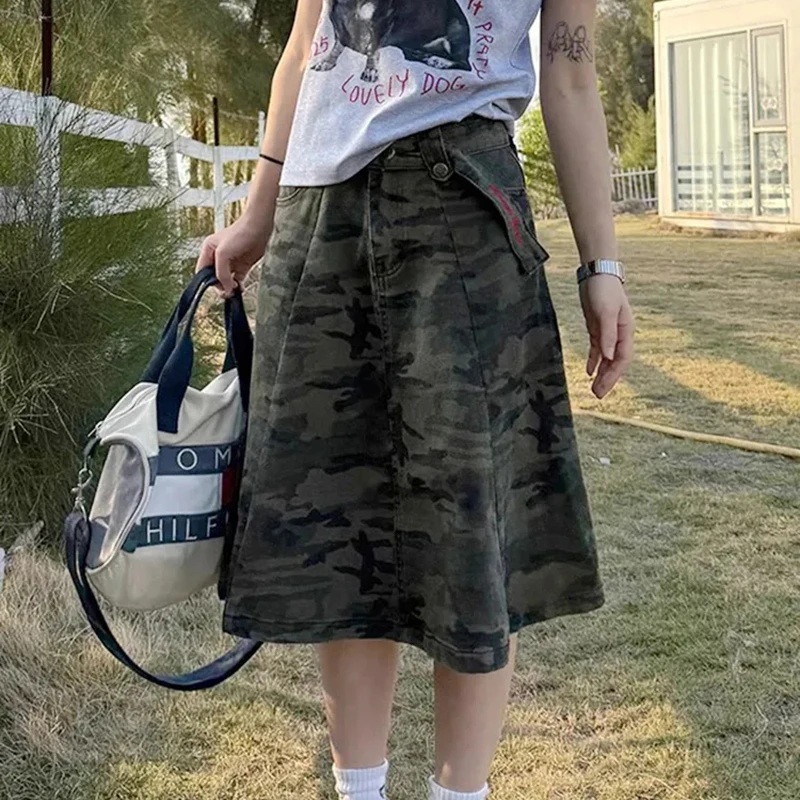 American Camouflage Denim Skirt Women Harajuku Y2K Streetwear A Line Skirt Loose Causal Chic High Waisted Cargo Skirt
