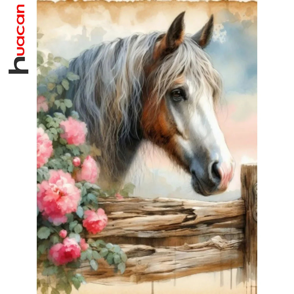 Huacan Pferd und Blume Diamant-Malerei-Set, Tier, komplett, quadratisch, rund, Diamant-Mosaik, für Zuhause, handgefertigte Dekoration, Geschenke