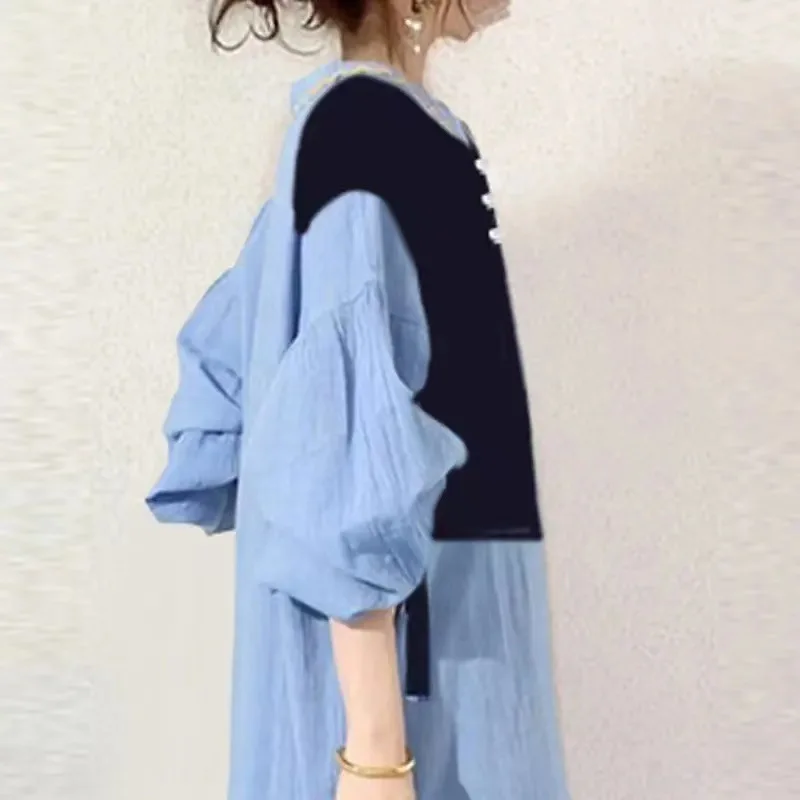 Lose Fit Japanische Sle frauen Dr Herbst Neue Sle Patchwork Abnehmen Gefälschte Zwei-Stück Blumen Druck Baumwolle Lange Sve v-Ne