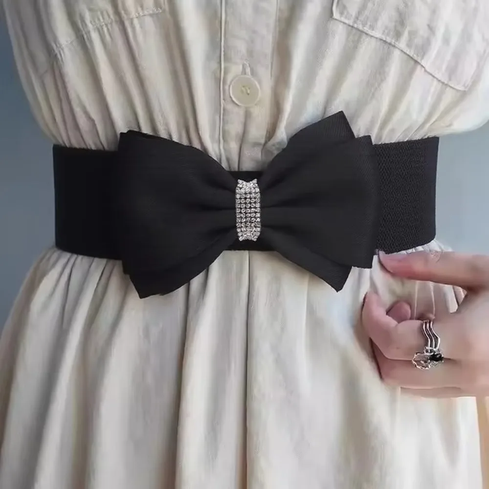 Adjustable Buckle Women's Elastic Wide Belt Plus Size Solid Color Elastic Bow Belt Rhinestone Stretch Belt