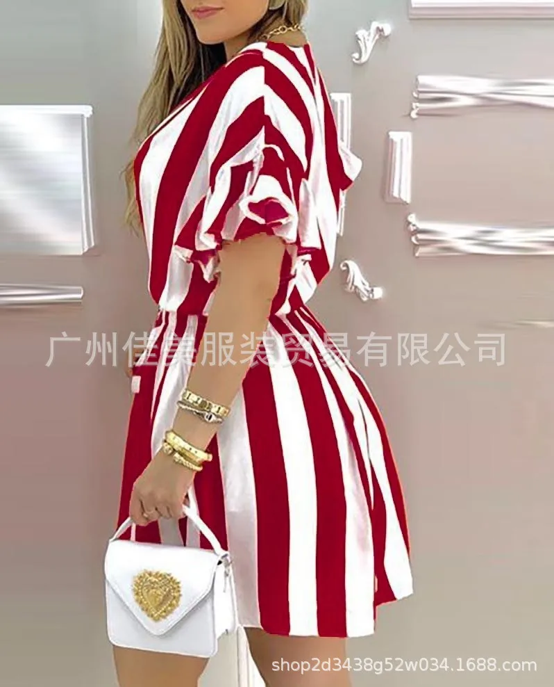 أبيض وأسود مخطط الخصر قميص فستان المرأة الربيع الصيف منتج جديد أزياء المرأة الملابس قصيرة كلمة الشارع الترفيه